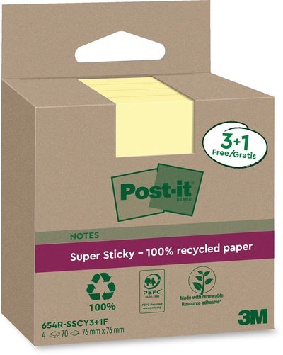 Post-it - super sticky notes recycled | 70 sheets | ft 76 x 76 mm | yellow | 3 + 1 free