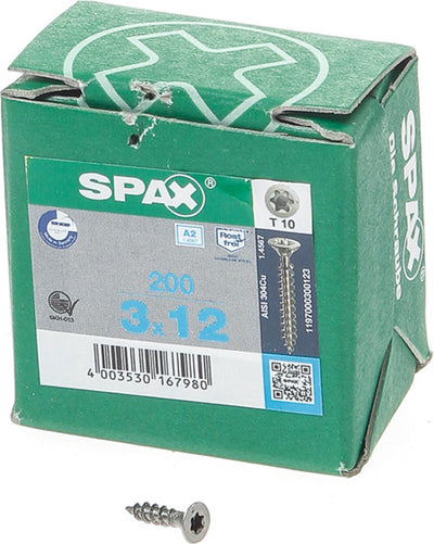 Spax - tornillos para aglomerado - cabeza plana torx 10 - 3 x 12 mm - rosca completa - acero inoxidable (200 piezas)