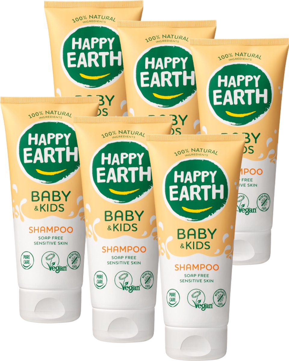 Happy earth bundel shampoo baby kids - 100% natuurlijk - microplasticvrij - 0% sls sles - babyverzorging – met plantaardige huidverzachter – geschikt voor pasgeborenen – 6 x 200ml - voordeelverpakking
