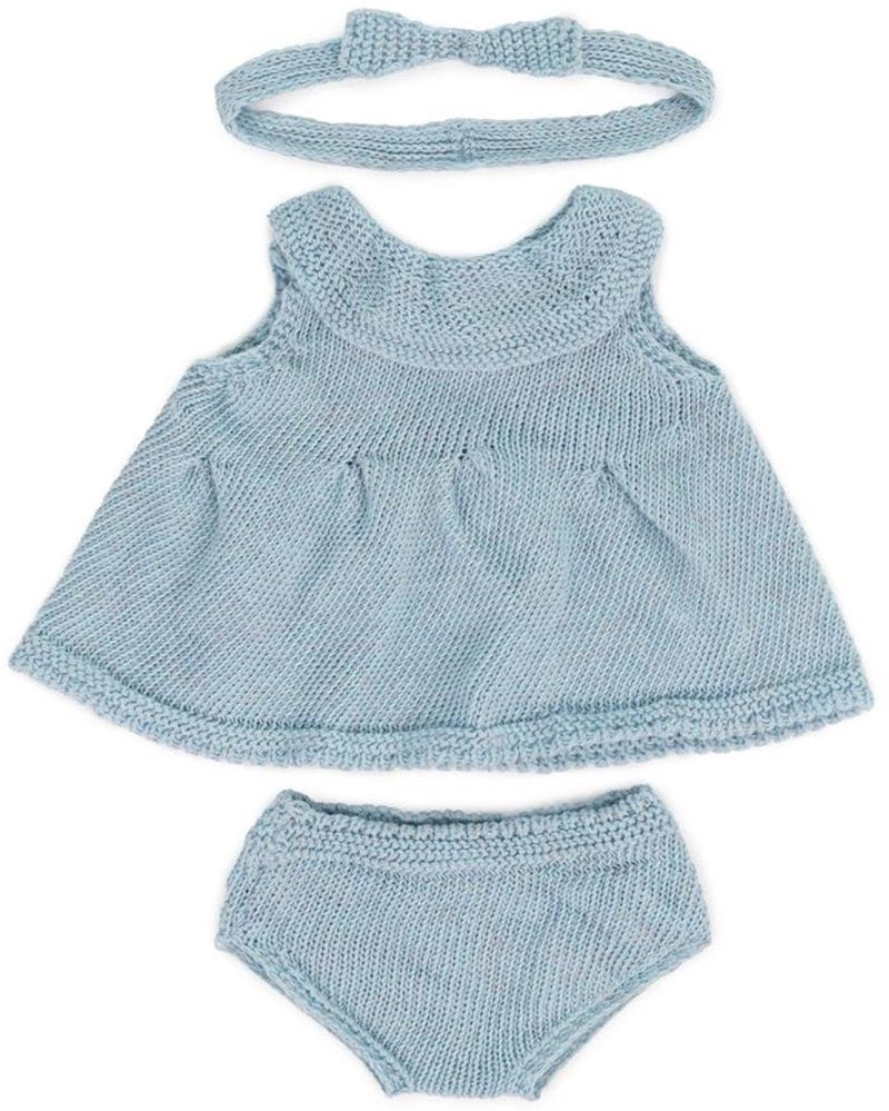 Muñecas Miniland ml: conjunto de ropa de punto azul para niña 38cm, eco y reciclado, 3 piezas, vestido, pantalón y cinta para el pelo, en percha, 3+