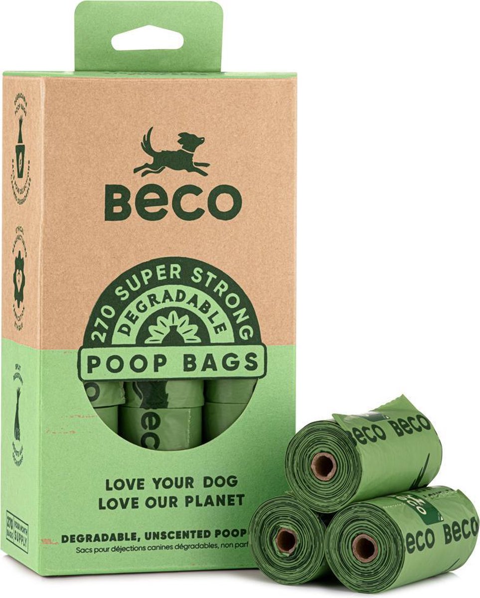 Becopets Beco Pets Sacchetti per escrementi di cani sostenibili - grandi e resistenti - 270 pezzi (18 x 15)