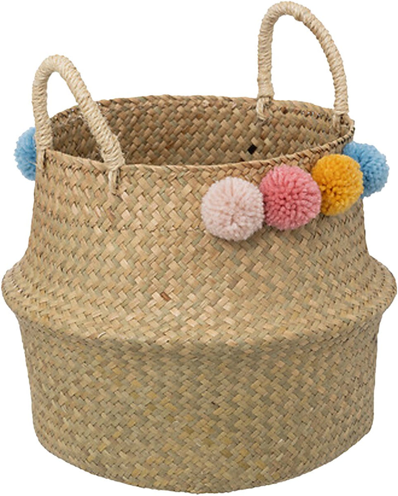 Cestino porta giocattoli Atmosphera - pompon - con manico - in vimini - pieghevole - 33 x 28 x 33 cm