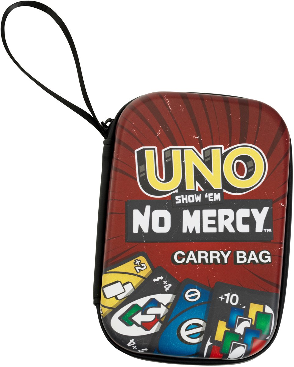 Klein toys uno-draagtas 'show them no mercy' - uno-kaarten niet inbegrepen - rood geel