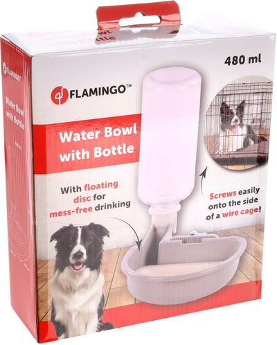 Jaula para perros con biberón Flamingo - Bebedero para perros - Caja de transporte para biberones - Sistema antiderrames - Sistema de sujeción universal - Gris diza - 480 ml