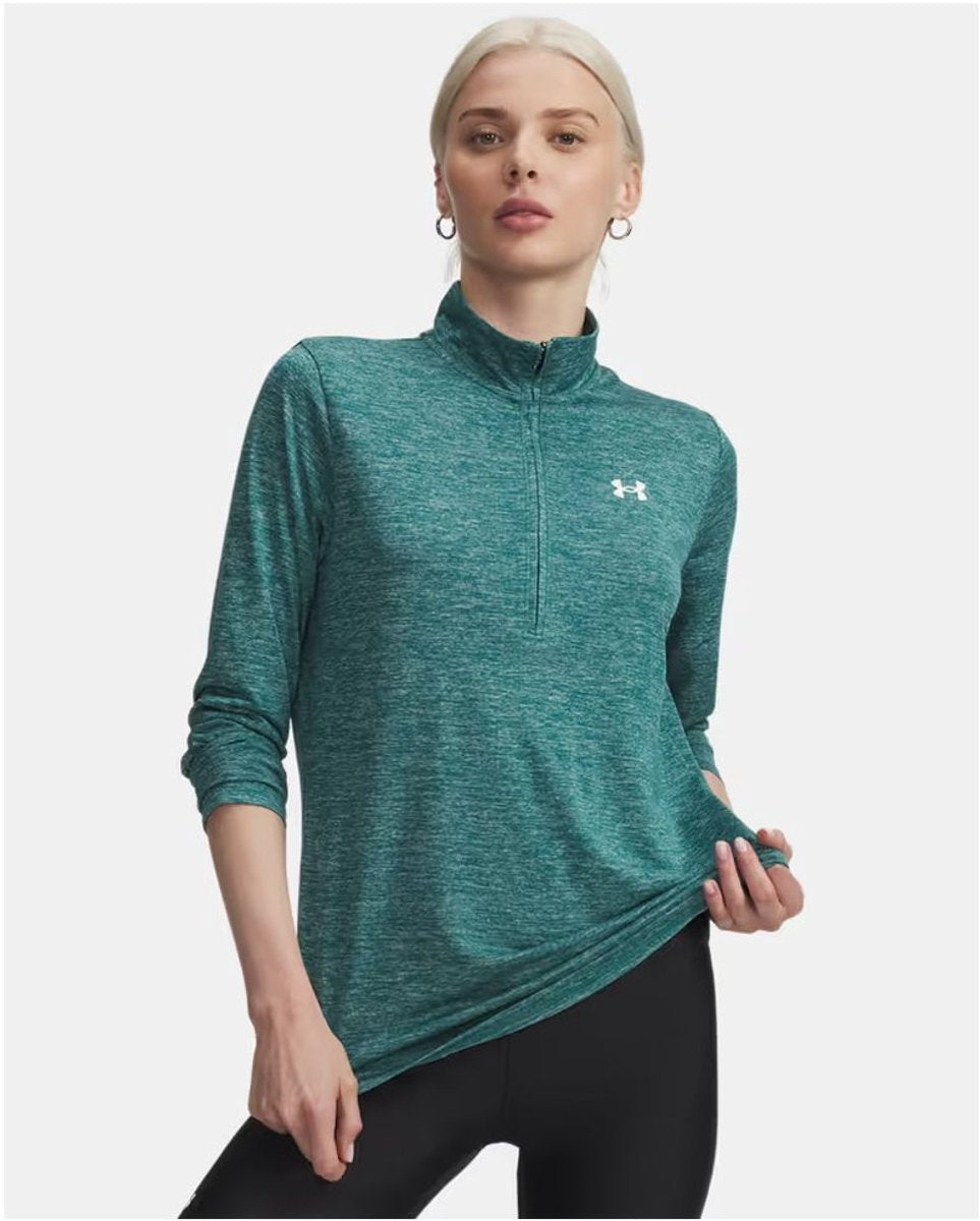 Camiseta deportiva para mujer Under Armour tech 1 2 zip-twist-grn - rack green - blanco