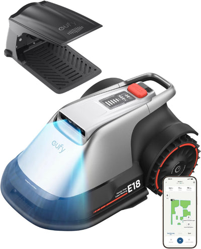 Robot cortacésped Eufy e18 - inalámbrico - sin RTK - sin problemas de señal - configuración en 5 minutos - mapeo automático hasta 1200 m2 - evitación de obstáculos - borde para montar - control mediante aplicación - con funda para lluvia