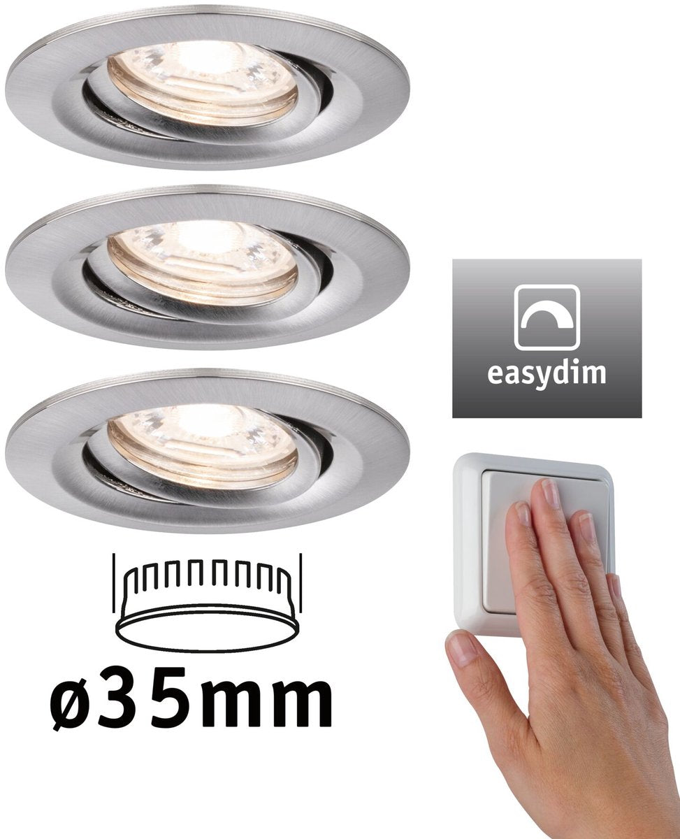 Paulmann empotrable LED easy dim nova mini plus base moneda set orientable redondo 66 mm 15° moneda 3x4,2w 3x300lm 230v regulable 2700k acero cepillado