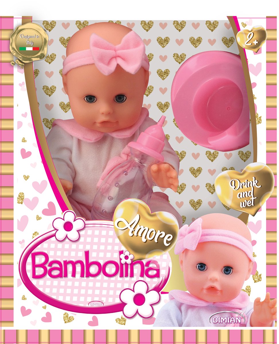 Dimian pop met potje en drinkfles - amore - 33 cm.