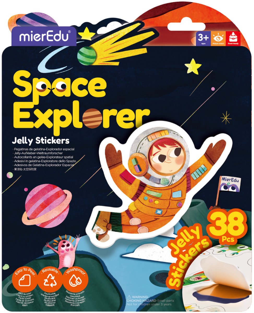 Adesivi gelatina Mieredu - esploratore spaziale - riutilizzabili - +30 pezzi - 3 anni