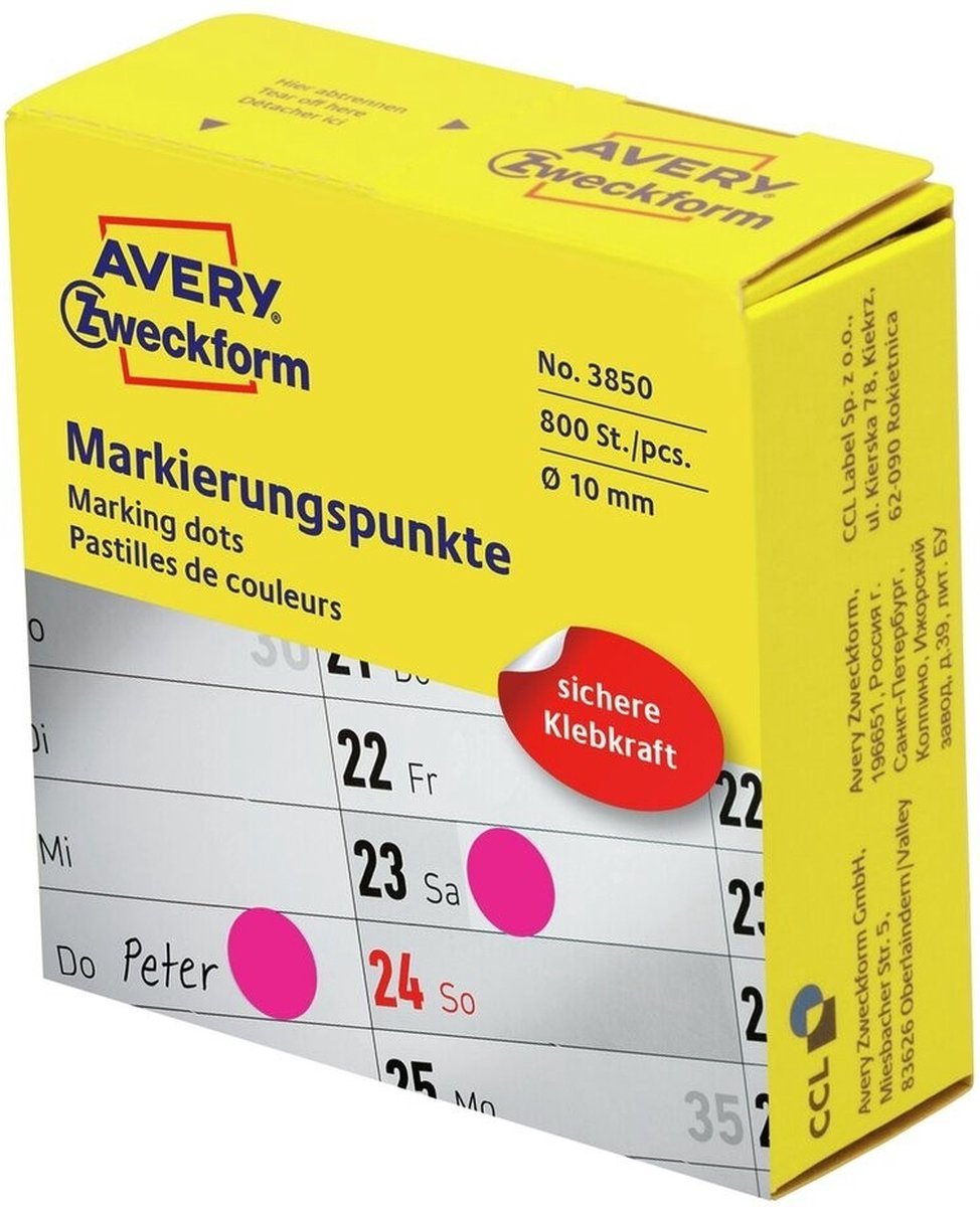 Etichette Avery -zweckform 3850 per marcare punti diametro 10 mm magenta 800 pezzi carta permanente