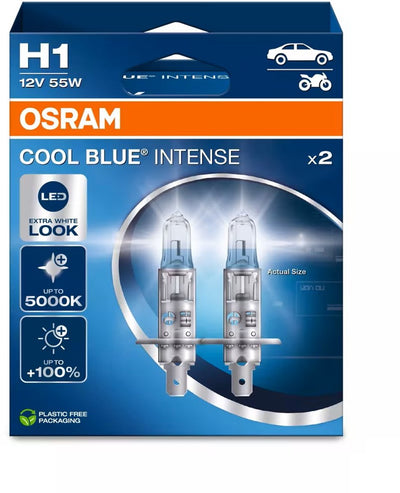 Lampade alogene per auto Osram cool blue intense di nuova generazione h1 - luce più bianca e fino al 100% di visibilità in più - qualità tedesca - set con 2 lampade - 64150cbn-2hb