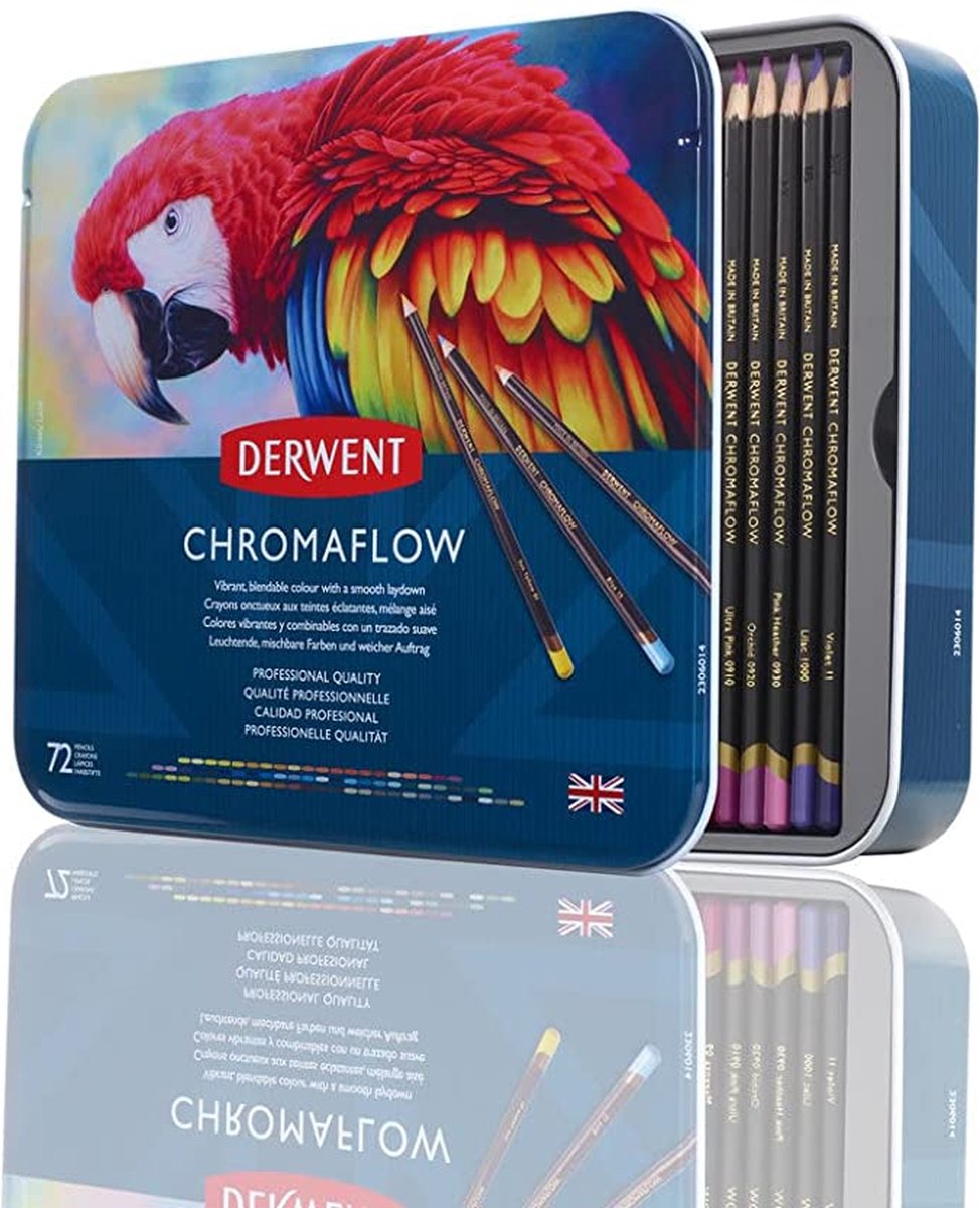 Lápices de colores Derwent chromaflow en lata - juego de 72 lápices con núcleo blando - surtidos