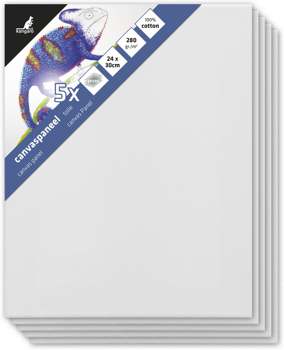 Kangaro canvaspaneel - 24x30 cm - 5 stuks - 3mm board - 280gr katoen - 3x primed