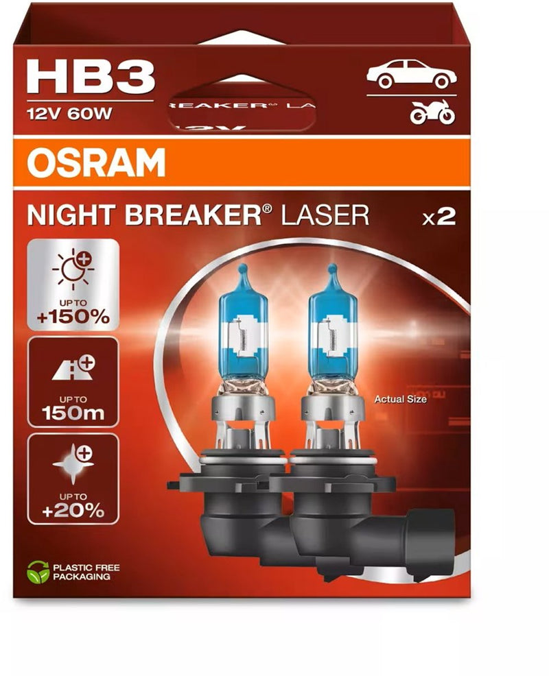 Osram night breaker laser - lámparas halógenas para automóvil 9005 hb3 - hasta un 150% más de luz y 150 m de visibilidad - 9005nl-2hb - juego de 2 lámparas