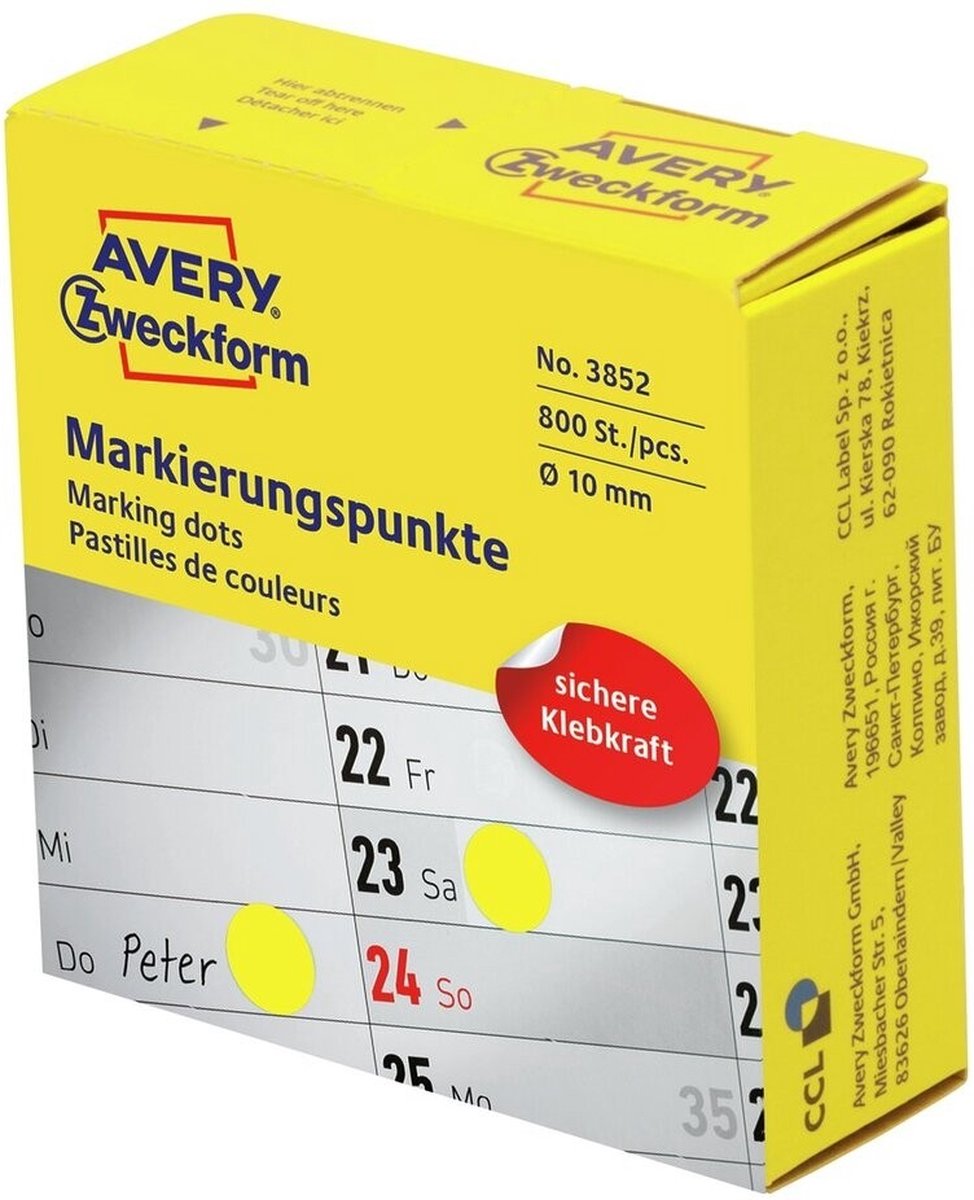 Etichette Avery -zweckform 3852 per marcare punti diametro 10 mm giallo 800 pezzi carta permanente