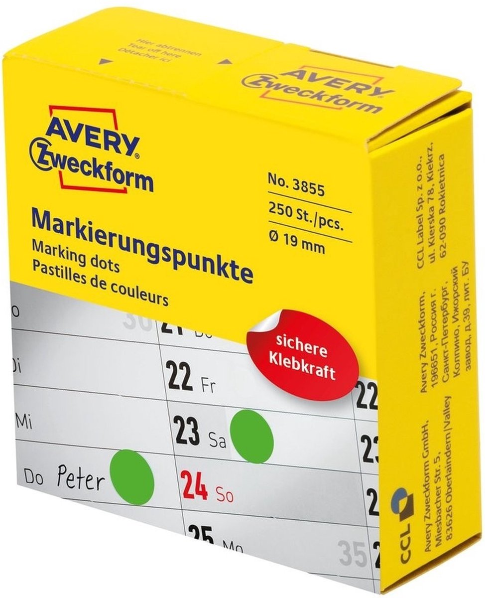 Punti di marcatura avery green 250 pezzi 19 mm