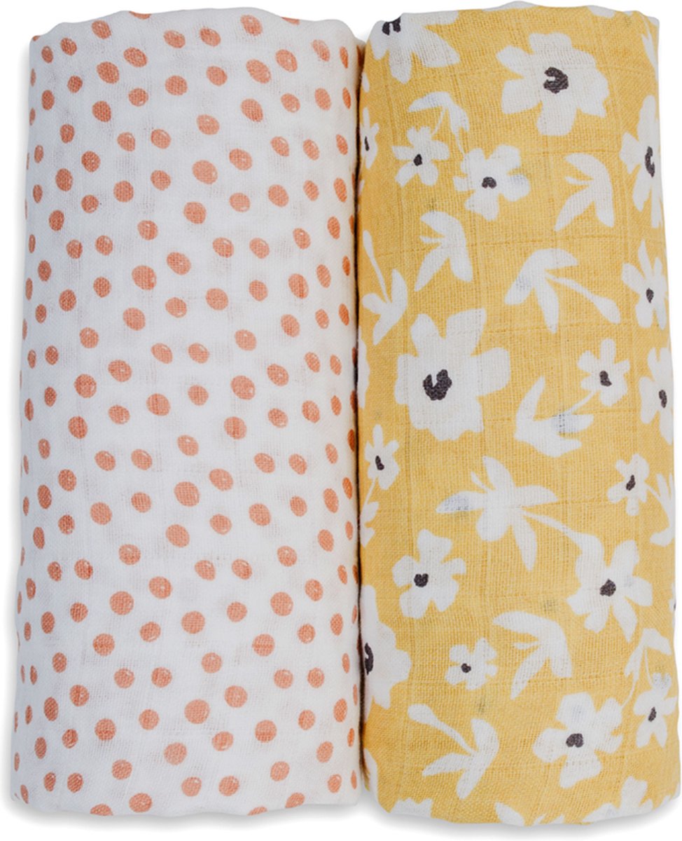 Lulujo - hydrofiele doek - swaddle - katoen - 100x100 cm - 2-pack - yellow wildflowers dots