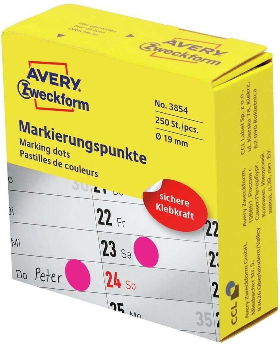 Punti di marcatura avery magenta 250 pezzi 19 mm