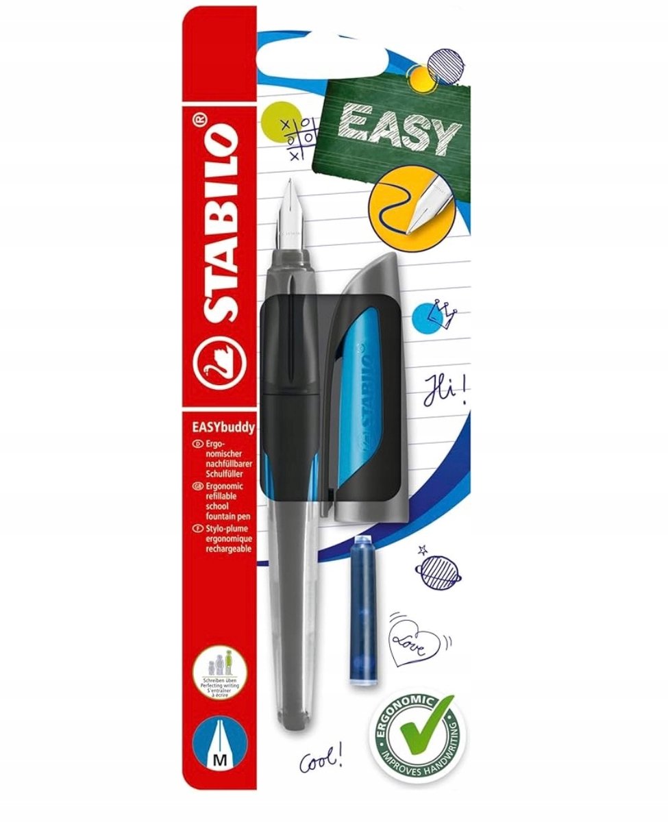 Stabilo easybuddy - pluma estilográfica ergonómica - negro azul claro - punta m para diestros