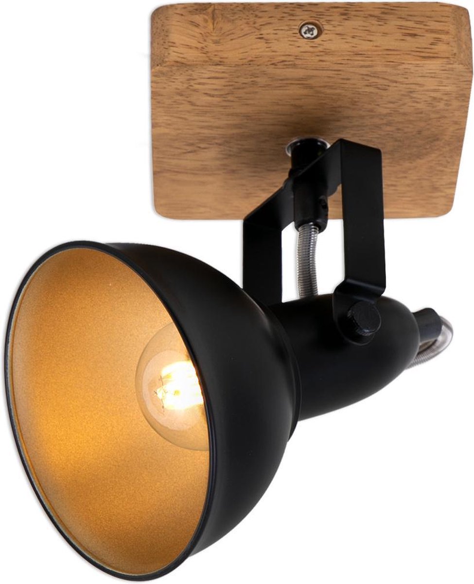 Briloner wood style - wall lamp - spot rotatable - e14 - material: wood and metal - color: black and gold