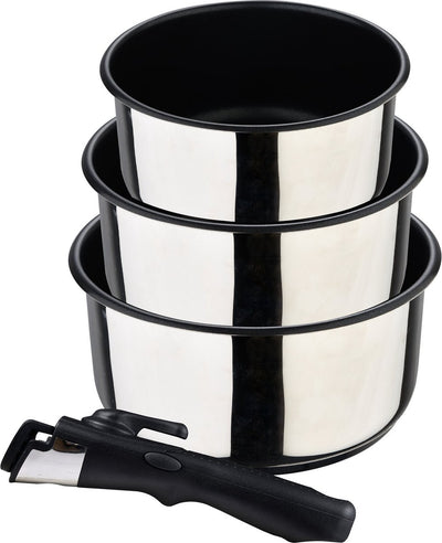 Bergner click cook - set di padelle da 4 pezzi - in acciaio inossidabile e con rivestimento antiaderente - contiene 3 padelle da 16, 18 e 20 cm + manico rimovibile - per tutti i tipi di piani cottura e forni - padelle in acciaio inossidabile