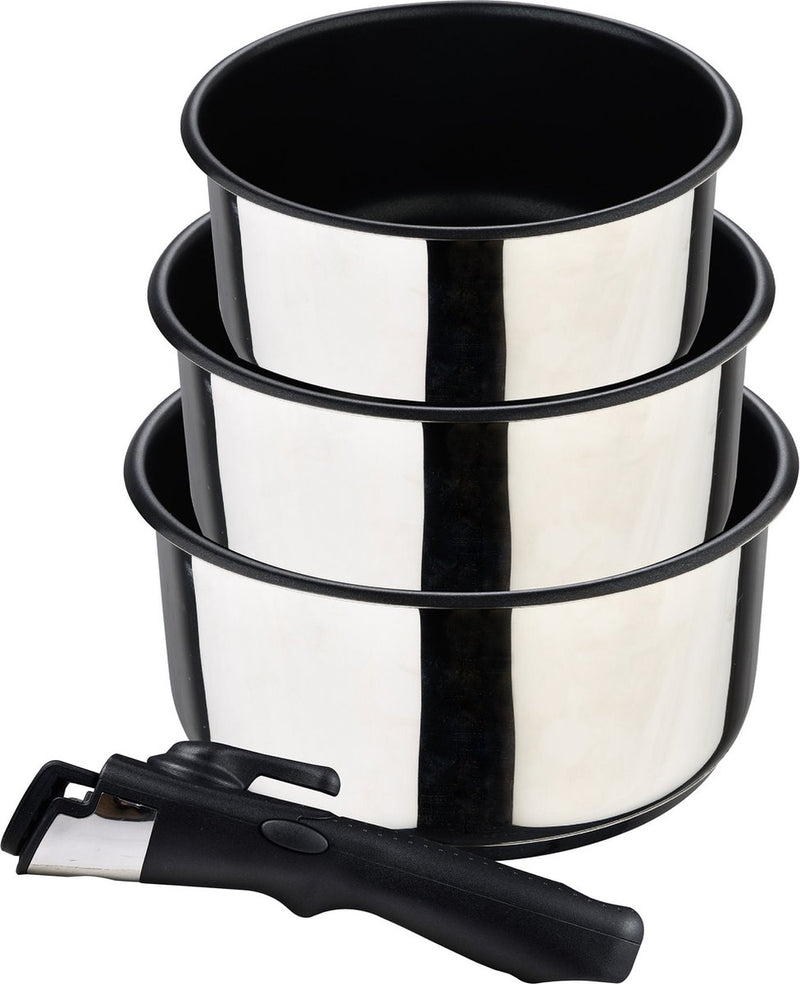 Bergner click cook - juego de sartenes de 4 piezas - fabricado en acero inoxidable y con revestimiento antiadherente - contiene 3 sartenes de 16, 18 y 20 cm + asa extraíble - para todo tipo de placas y hornos - sartenes de acero inoxidable