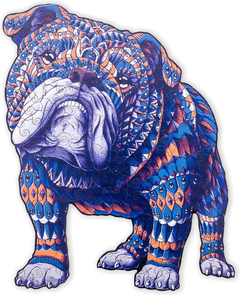 Engelhart rompecabezas de madera bulldog – 85 piezas únicas – rompecabezas de madera tamaño A4 – juego de rompecabezas de animales – juego de pensamiento compacto – incluye estuche de almacenamiento –