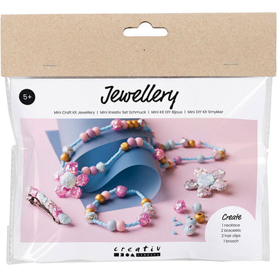 Creativ company mini hobby set de joyería, collar, pulsera, clips, broche, azul, azul claro, rosa pastel, 1 caja