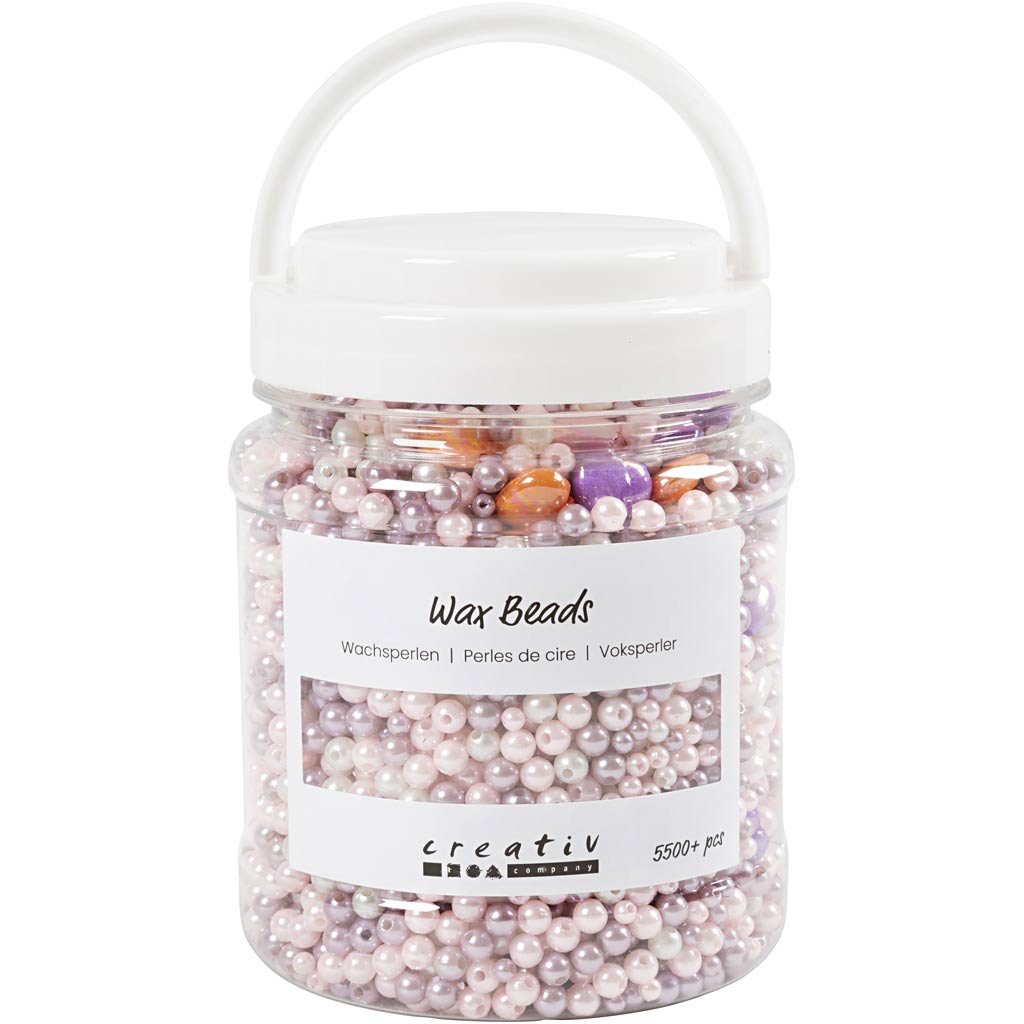 Perle di cera dell'azienda Creativ, dimensione del foro 1,3-2,5 mm, ca. 5500 pezzi, arancio pastello, rosa chiaro, viola chiaro, madreperla, 425 g, 700 ml 1 scatola
