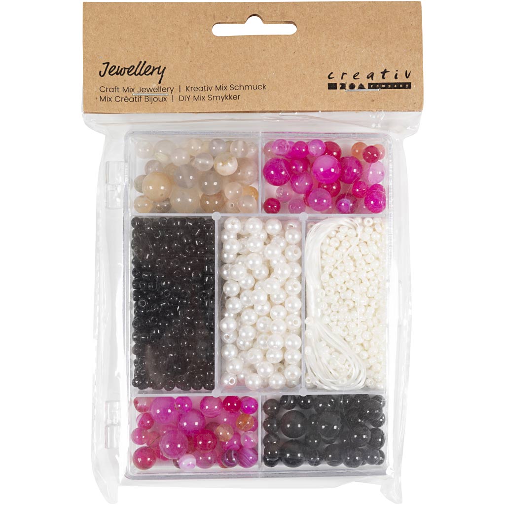 Scatola creativa per gioielli della Creativ Company, agate, misura 2,6-10 mm, dimensione del foro 0,8-1,8 mm, ca. 2740 pezzi, beige, nero, rosa, bianco madreperla, 1 scatola