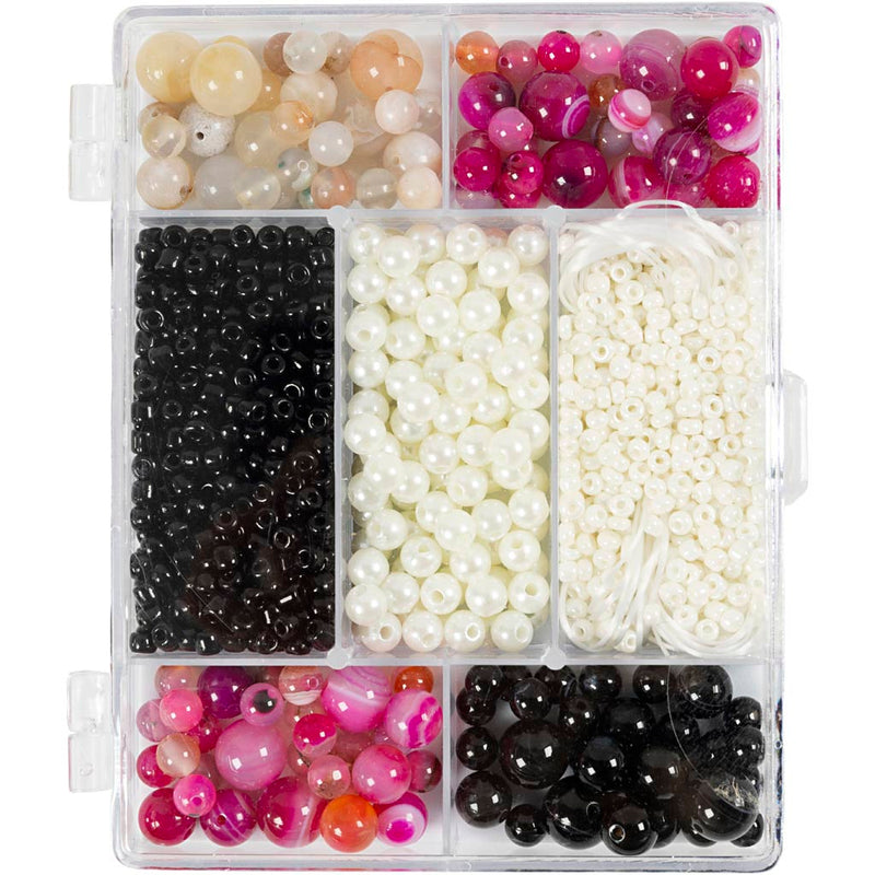 Scatola creativa per gioielli della Creativ Company, agate, misura 2,6-10 mm, dimensione del foro 0,8-1,8 mm, ca. 2740 pezzi, beige, nero, rosa, bianco madreperla, 1 scatola