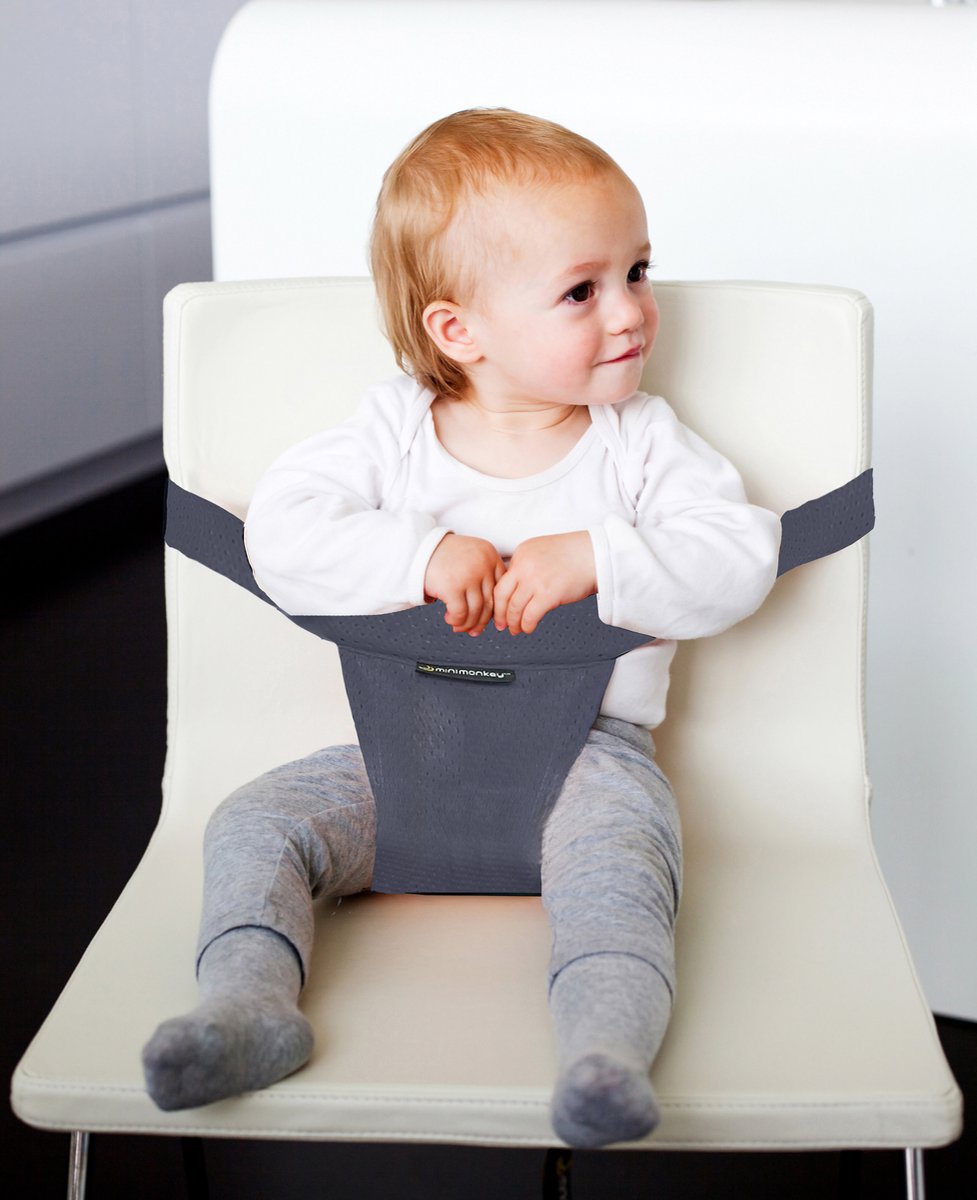 Minimonkey mini chair pocket - travel reis kinderstoel - grijs - geschikt voor stokke tripp trapp - compact kinderzitje ideaal voor op reis