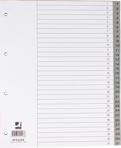 Schede numeriche Q-connect, a4, pp, 1-31, con foglio indice, grigio