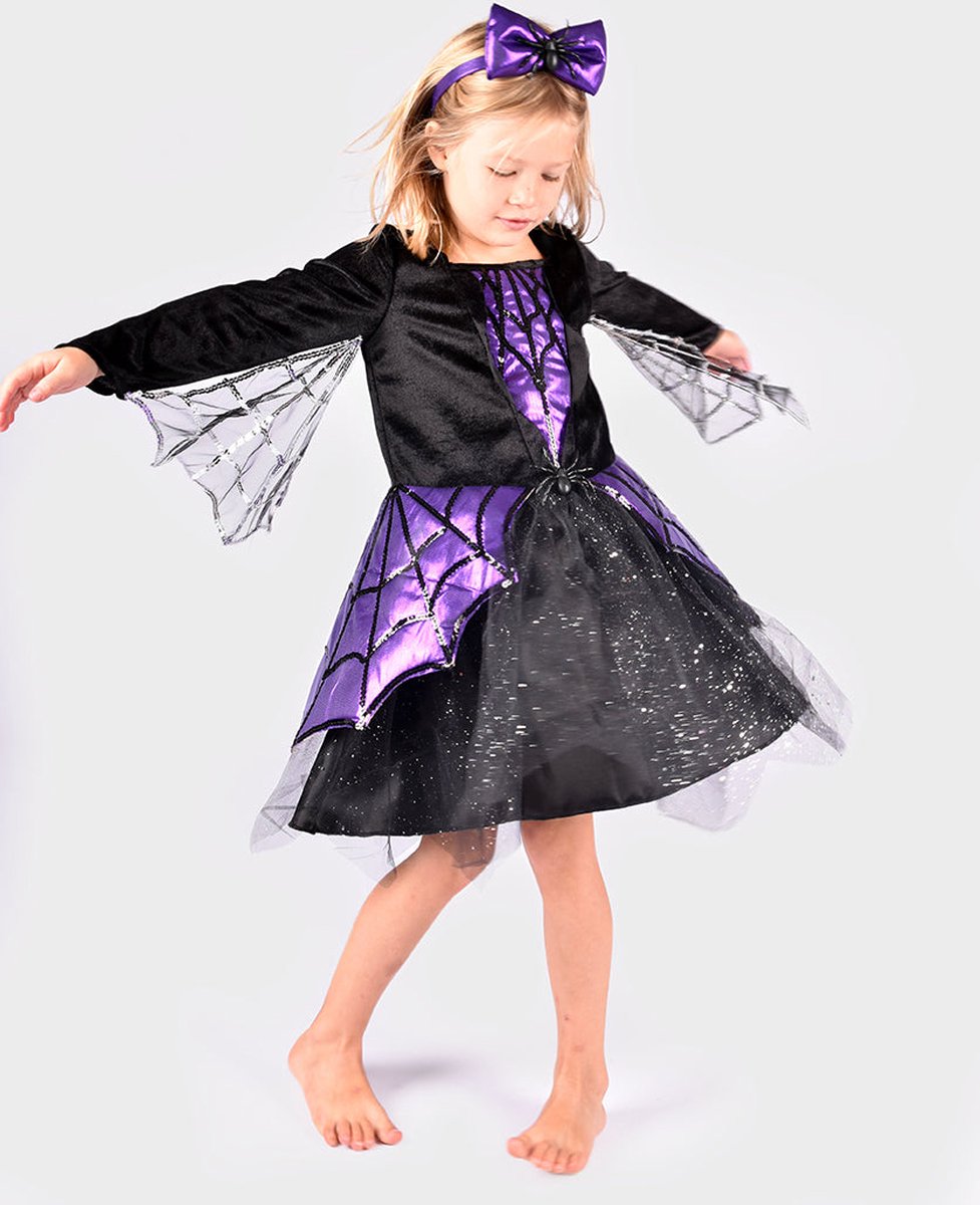 Den goda fen travestimento ragno - vestito e fascia per capelli - 110-116 cm - 4-6 anni - nero viola