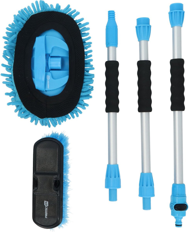Juego de cepillos para lavado de autos Protecton - 5 piezas - cepillo para lavar fregona de chenilla - mango de 3 partes - longitud máxima 130 cm - conexión gardena y paso de agua con cierre