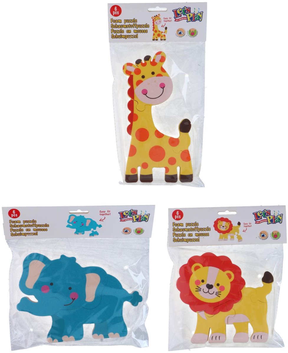 Vamos a jugar, vamos a jugar, rompecabezas de espuma de 6 piezas - rompecabezas de espuma de animales para niños - rompecabezas de espuma - rompecabezas de 6 piezas - jirafa, elefante y león - 1 variante aleatoria