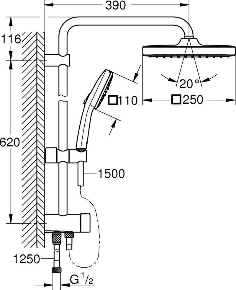 Sistema de ducha Grohe vitalio comfort 250 flex con desviador para montaje en pared - sin grifo termostático - ahorro de agua - negro mate