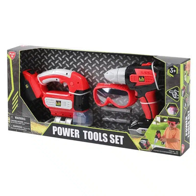 power tool set gereedschap set met boor en decoupeerzaag en bril.