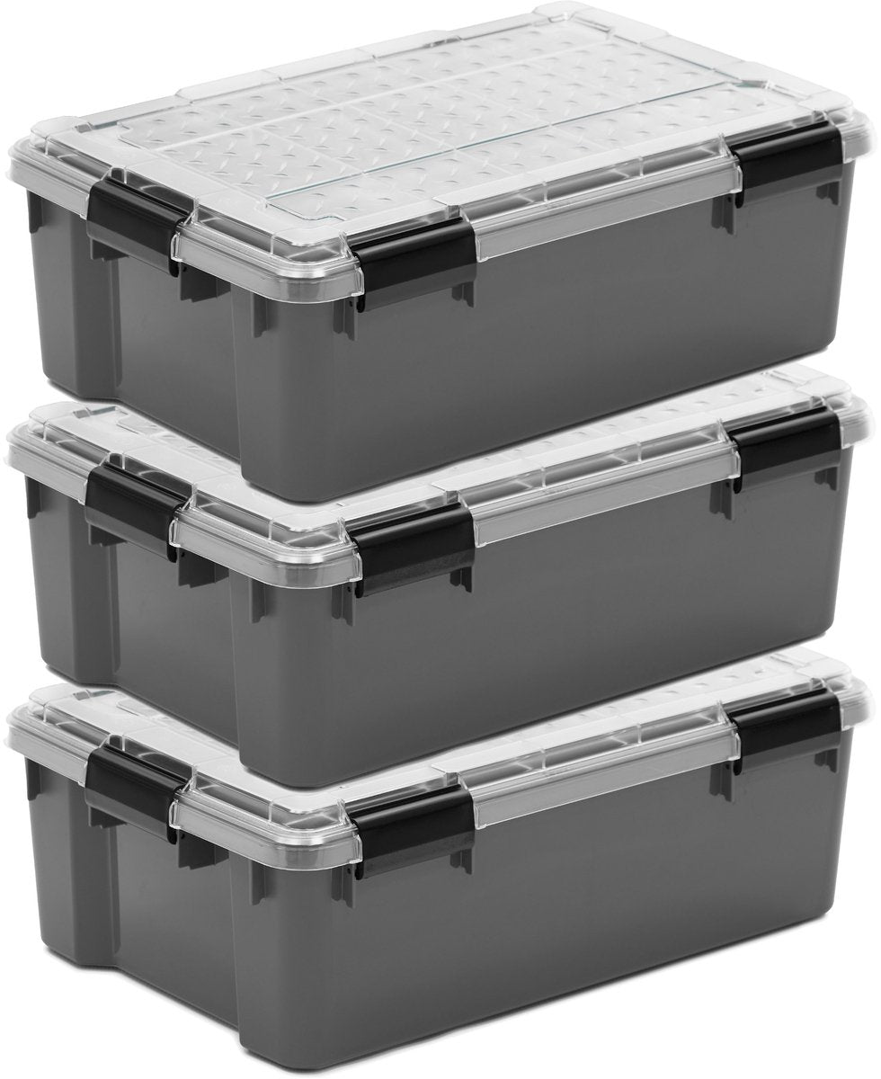 Contenitore da esterno Iris con coperchio in policarbonato - 30 l - extra resistente - con clip - impermeabile ed ermetico - grigio trasparente nero - set da 3