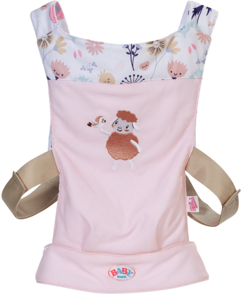 Marsupio per bambole Baby Born con stampa floreale rosa, tracolla regolabile 36-43 cm.