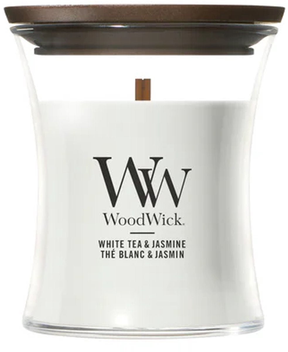 Vela perfumada Woodwick mini vela - té blanco jazmín - 20 horas de combustión - 85gr - 8 cm ø 7 cm