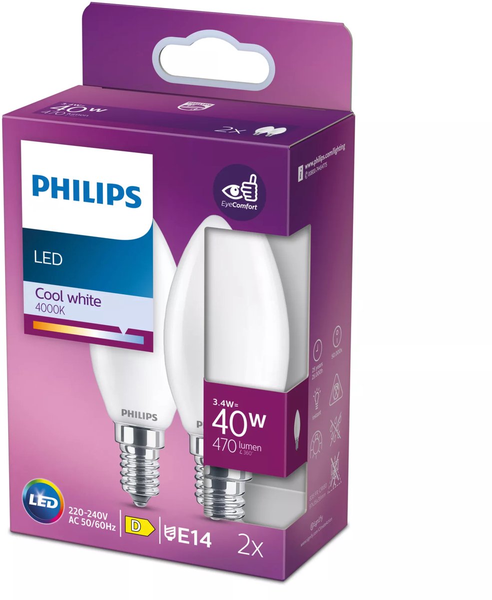 Philips lampara vela incandescente mate 40w b35 e14 x2