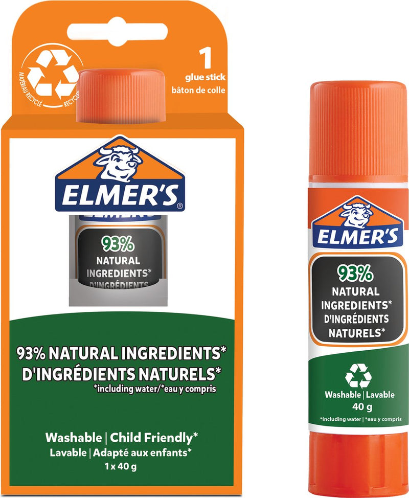 Stick di colla pura Elmer's | 93% ingredienti naturali | 100% plastica riciclata | ottimo per l'artigianato e la scuola | lavabile e adatto ai bambini | 40g| 1 pezzo