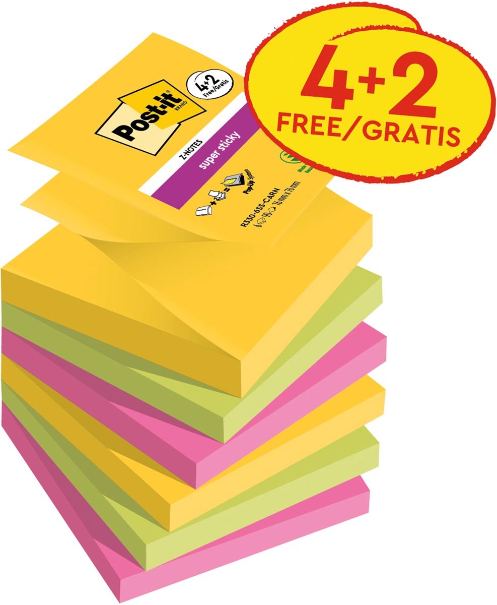 Z-notes super adesivi post-it r330-sscarn-p4+2 giallo, verde, rosa