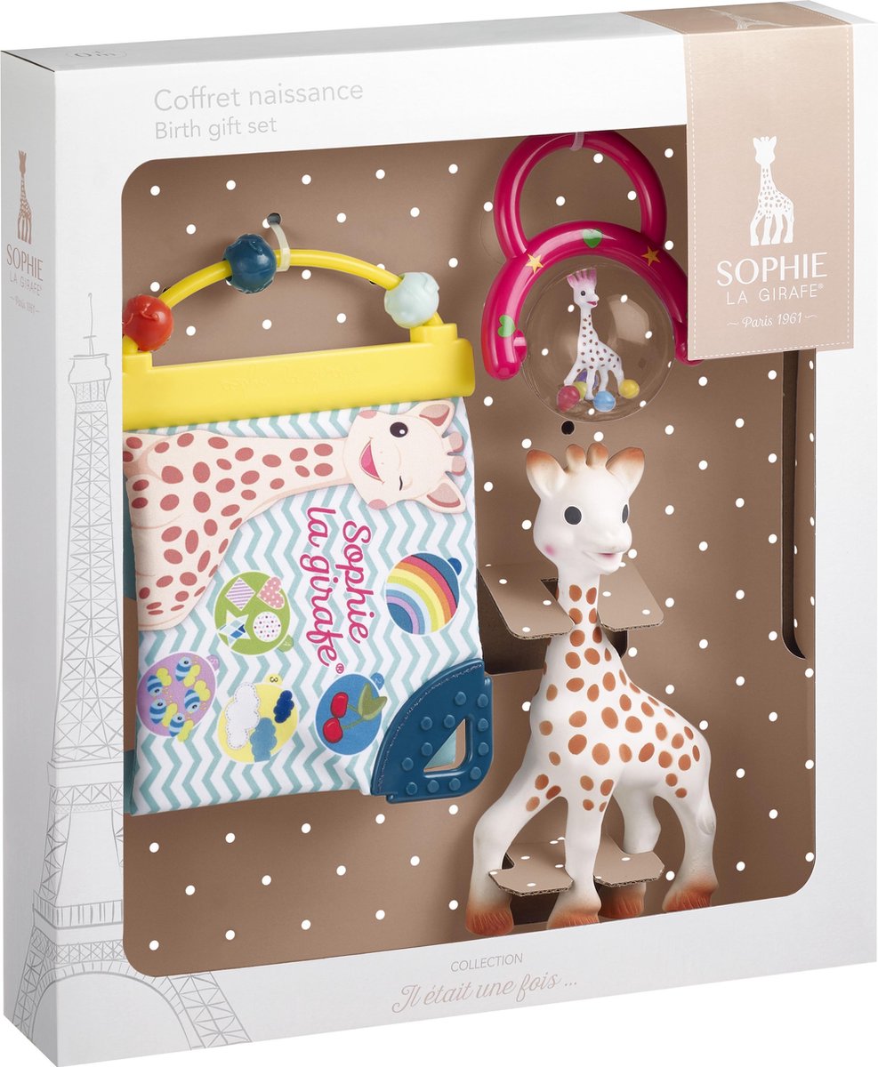 Set regalo Sophie la giraffa - set regalo nascita - regalo maternità - regalo baby shower - bambola, libretto di scoperta del sonaglino - da 0 mesi - in confezione regalo bianca - 3 pezzi