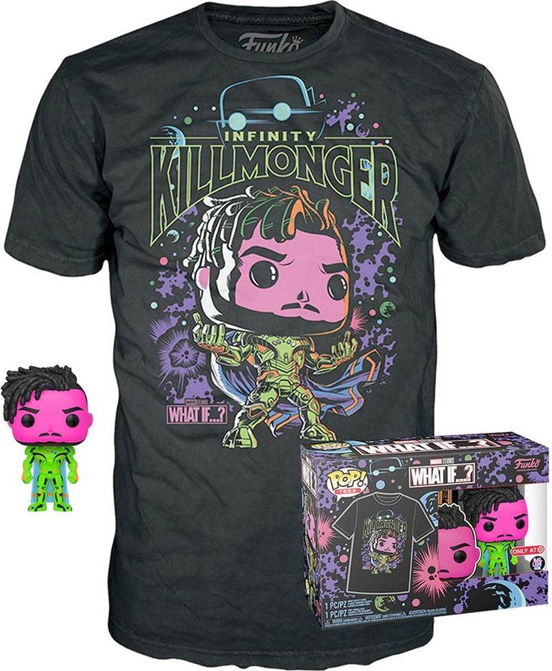 Funko ¿y si...? Conjunto de camiseta con figuras coleccionables -m- marvel pop! tee box killmonger luz negra negro