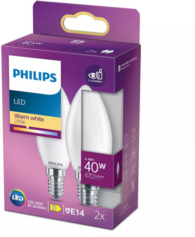 Philips LED lamp - candle lamp with E14 fitting - warm white light: 2700k - 40w - frosted glass - 2-pack