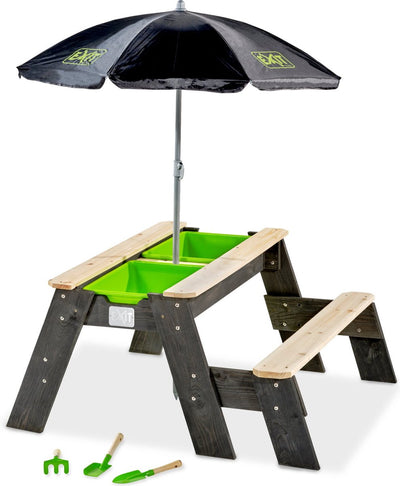 Uscita giocattoli uscita axent sabbia-acqua- tavolo da picnic (1 panca) - con ombrellone attrezzi da giardino - tavolo d'acqua - sabbiera - legna - bambini all'aperto