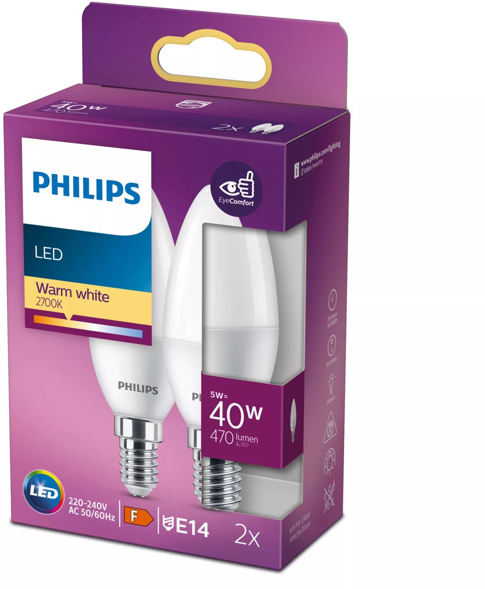 Candela LED Philips a risparmio energetico opaca - 40 W - E14 - luce bianca calda - 2 pezzi - risparmia sui costi energetici