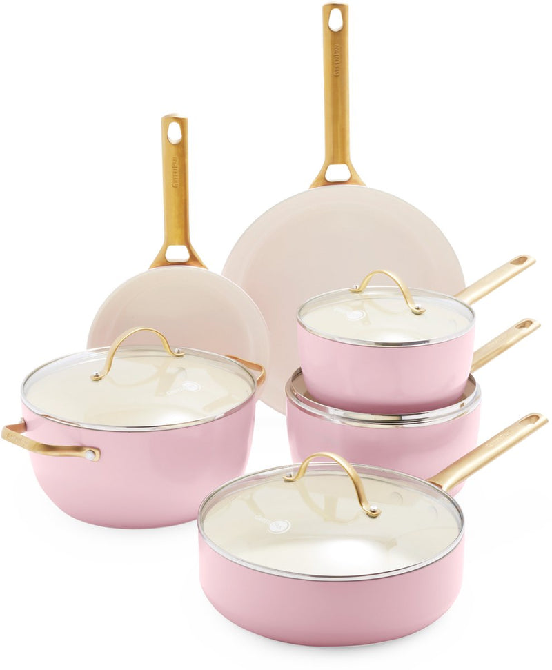 Greenpan Padova set di pentole in alluminio 10 pezzi - ø18cm-28cm - senza pfas - induzione - resistente al forno fino a 200 gradi - manici in acciaio inossidabile dorato - rosa - incl. coperchi